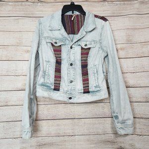 Free People Jean Jacket Womens Size 8 Baja Tribal  Blanket Inset Light Denim